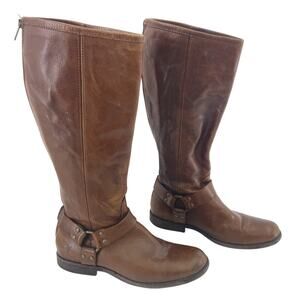 FRYE Brown Leather Harness Knee High Riding Boots Women’s Size 8.5 Preowned